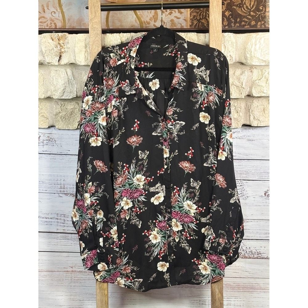 Torrid Black Floral Butterfly Print Button Down Blouse Long Sleeve 4X